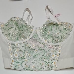 Victoria's Secret White and Green Embroidered Bustier 38dd